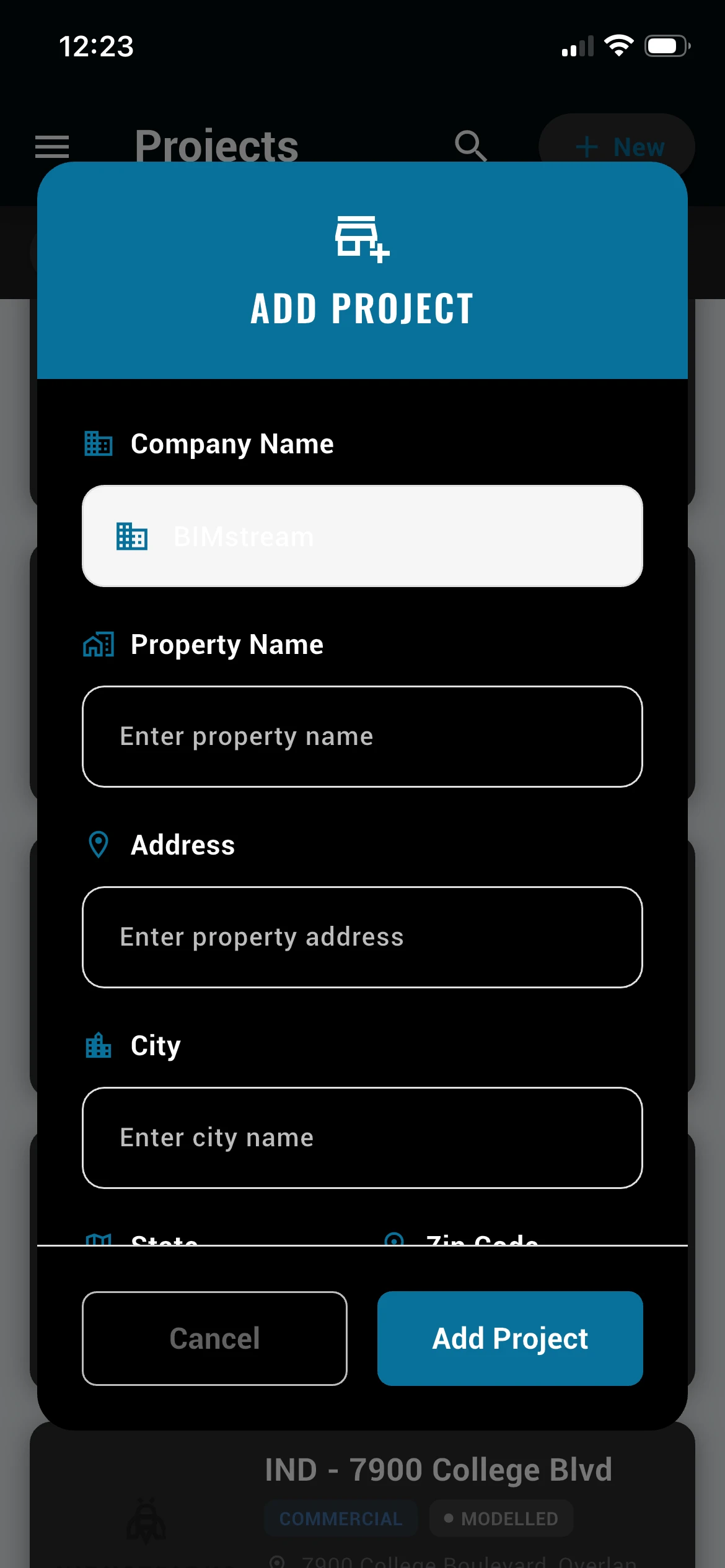 Field Add Project screen